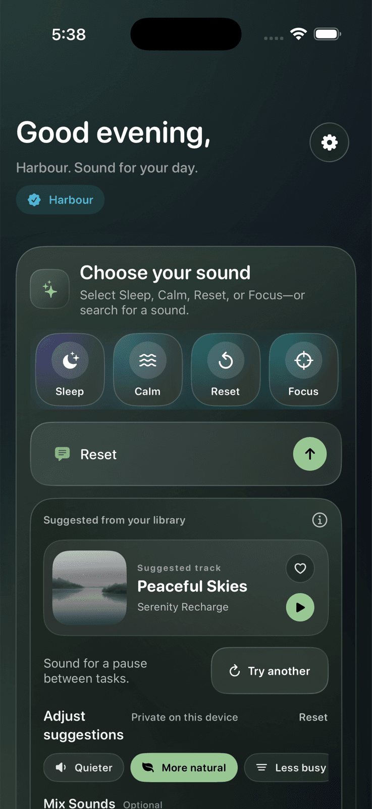 Harbour on iPhone in dark mode with private sound suggestions