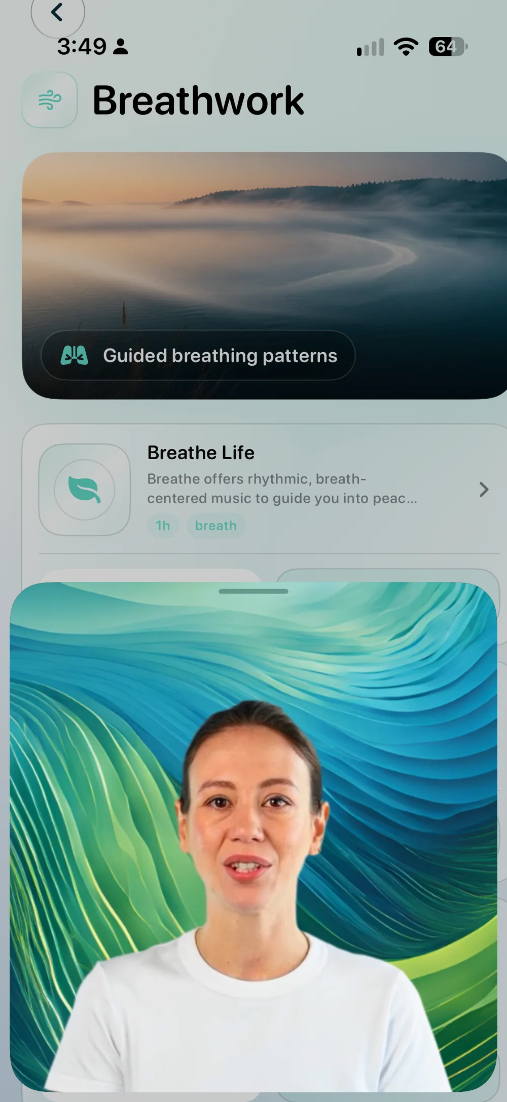 Harbour Breathwork screen on iPhone Air showing guided breathing patterns and a technique video