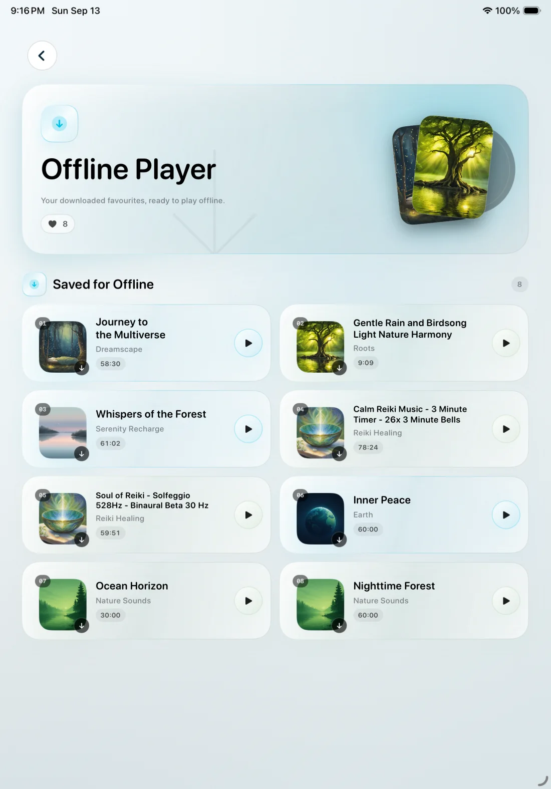 Harbour Offline Player on an 11-inch iPad with downloaded favourites ready to play